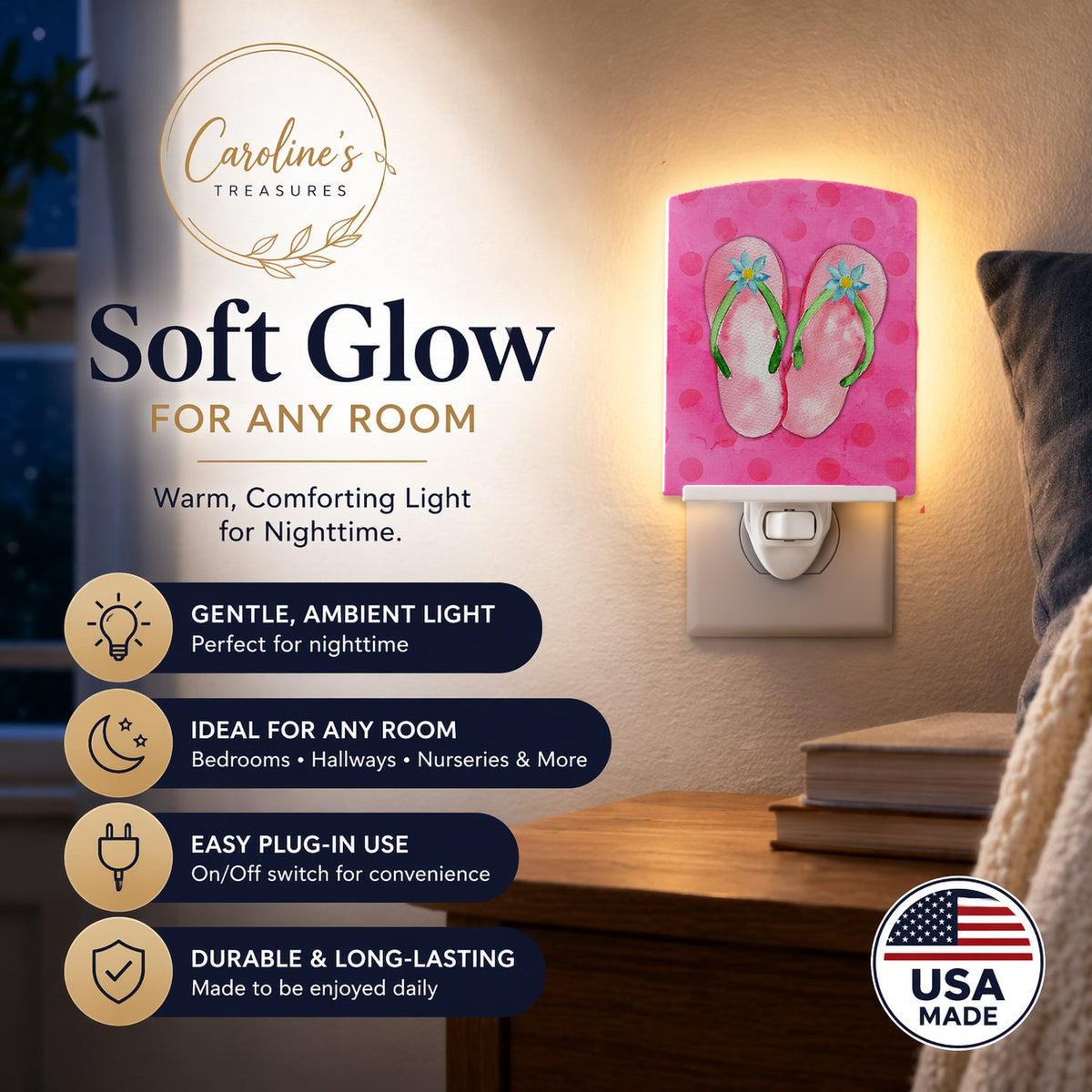 Pink Flip Flops Pink Polkadot Ceramic Night Light Compact, UL-Certified, Ideal for Bedroom, Bathroom, Nursery, Hallway, Kitchen, 6x4x3, Multicolor