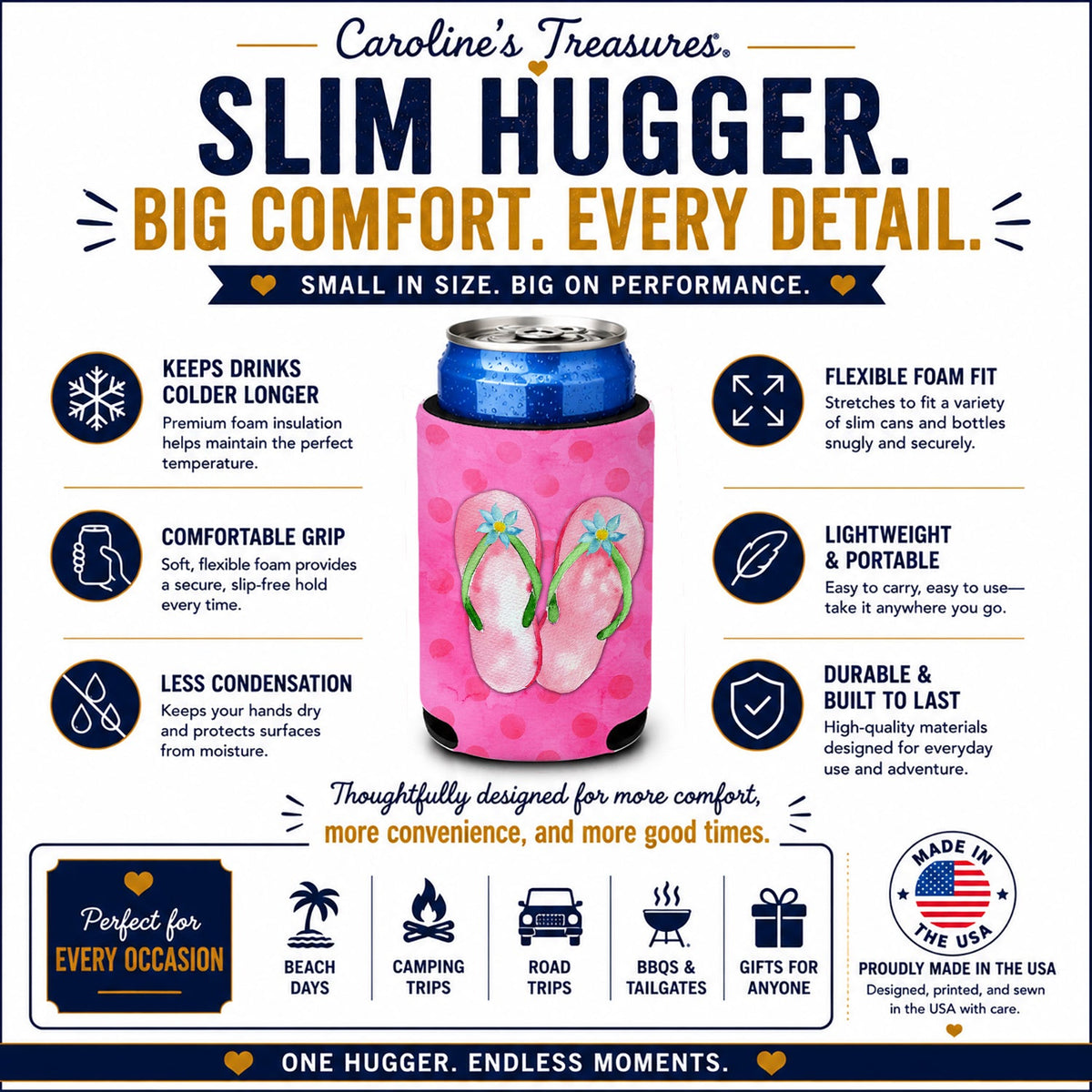 Pink Flip Flops Pink Polkadot Slim Can Hugger  Insulated Foam Sleeve for 12 oz Slim Cans, Beer Bottles & Water Bottles, Made in USA