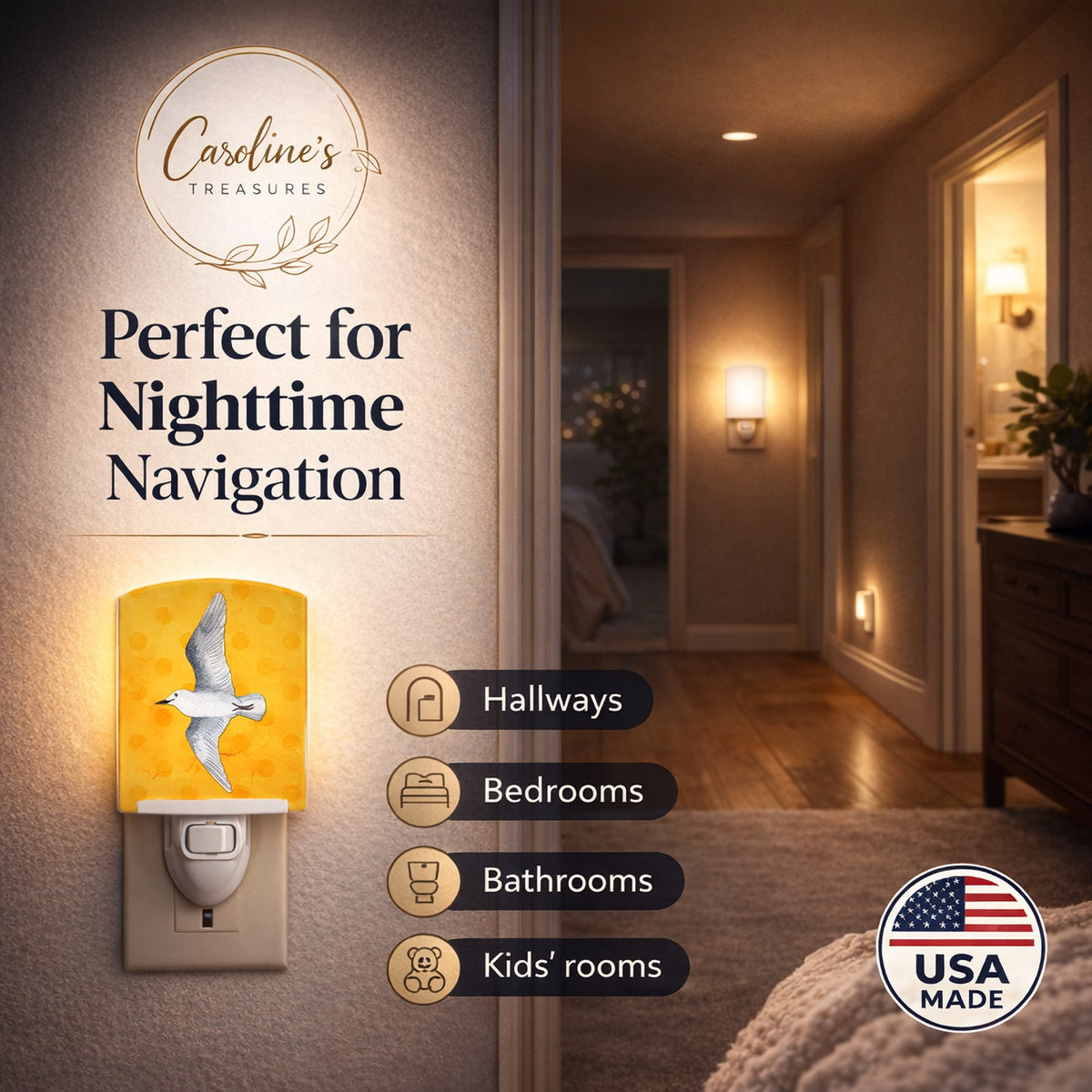 Sea Gull Yellow Polkadot Ceramic Night Light Compact, UL-Certified, Ideal for Bedroom, Bathroom, Nursery, Hallway, Kitchen, 6x4x3, Multicolor