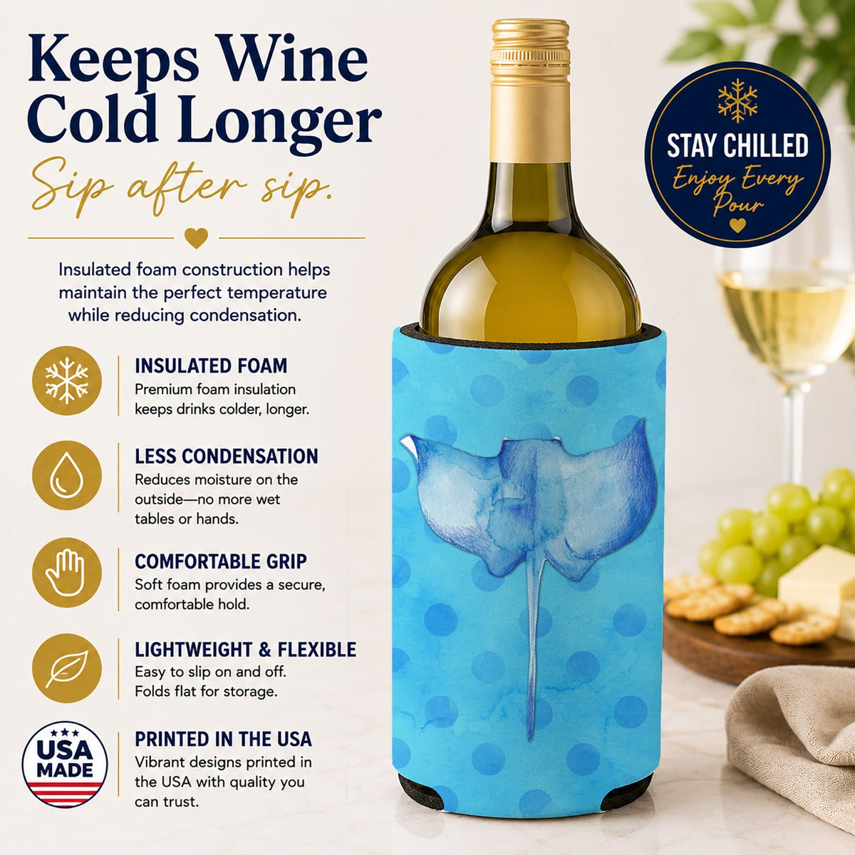 Sting Ray Blue Polkadot Wine Bottle Hugger Gift Sleeve for Standard 750 ml Bottles, Insulated Reusable Fits Mini Shot & Pint Bottles