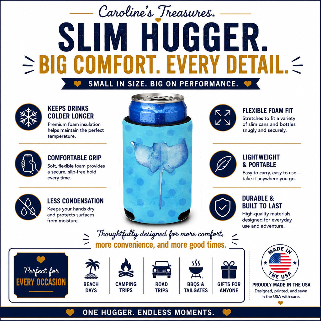 Sting Ray Blue Polkadot Slim Can Hugger  Insulated Foam Sleeve for 12 oz Slim Cans, Beer Bottles & Water Bottles, Made in USA