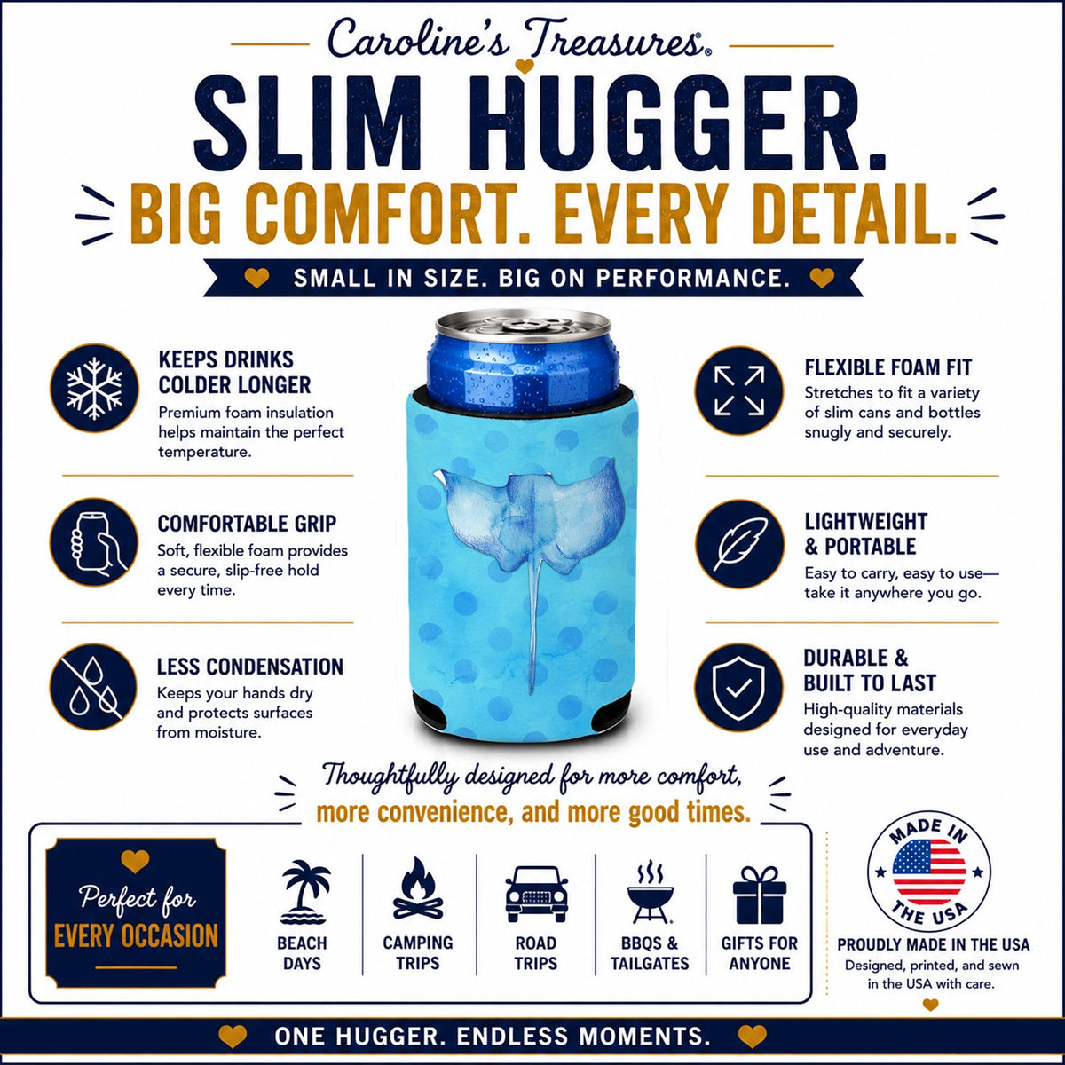 Sting Ray Blue Polkadot Slim Can Hugger  Insulated Foam Sleeve for 12 oz Slim Cans, Beer Bottles & Water Bottles, Made in USA