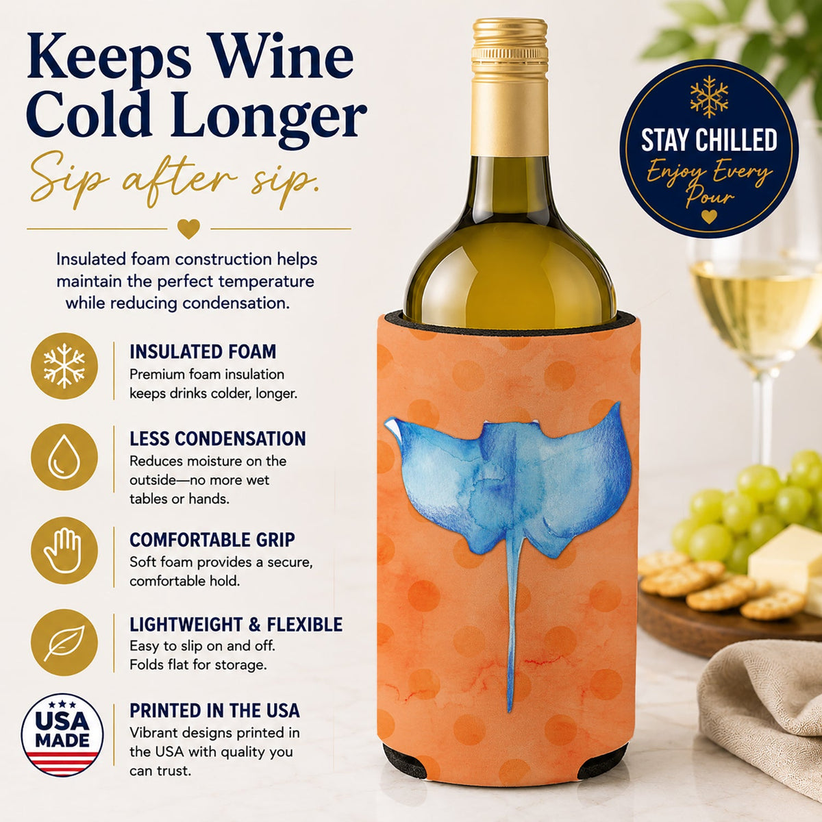 Sting Ray Orange Polkadot Wine Bottle Hugger Gift Sleeve for Standard 750 ml Bottles, Insulated Reusable Fits Mini Shot & Pint Bottles