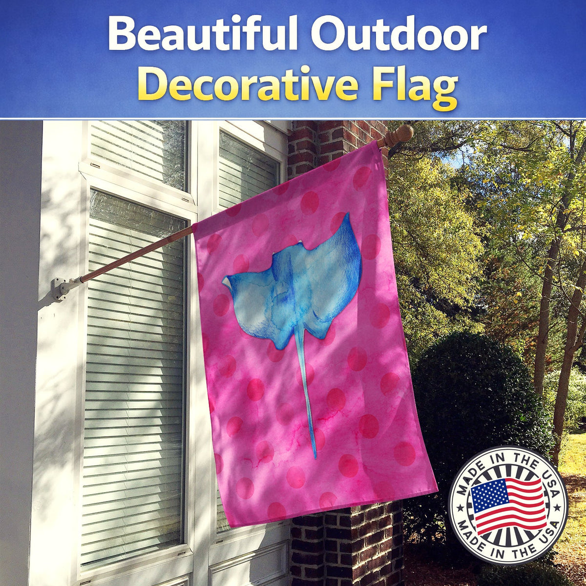 Sting Ray Pink Polkadot House Flag 28x40 Porch Sleeve Pole Decorative Outside Yard Banner Artwork Wall Hanging, Polyester