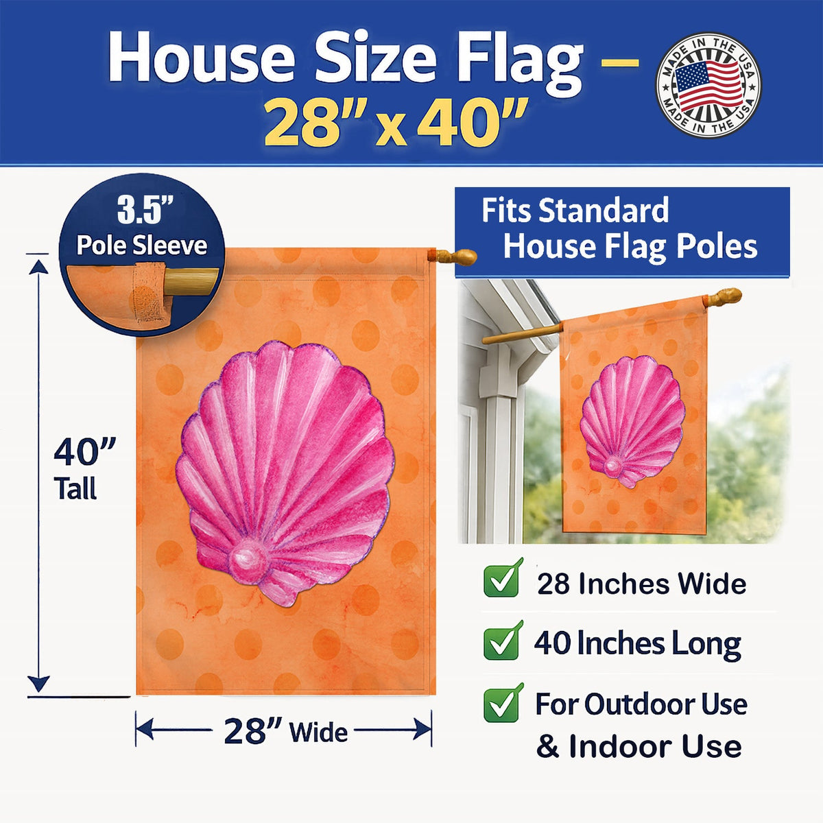 Pink Sea Shell Orange Polkadot House Flag 28x40 Porch Sleeve Pole Decorative Outside Yard Banner Artwork Wall Hanging, Polyester