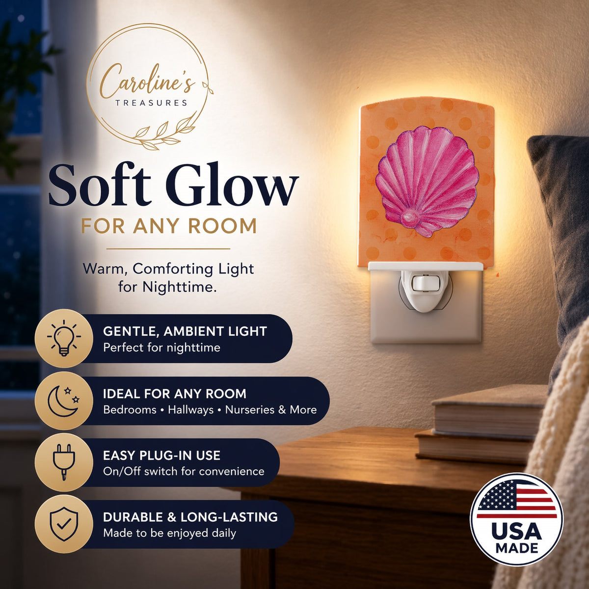 Pink Sea Shell Orange Polkadot Ceramic Night Light Compact, UL-Certified, Ideal for Bedroom, Bathroom, Nursery, Hallway, Kitchen, 6x4x3, Multicolor