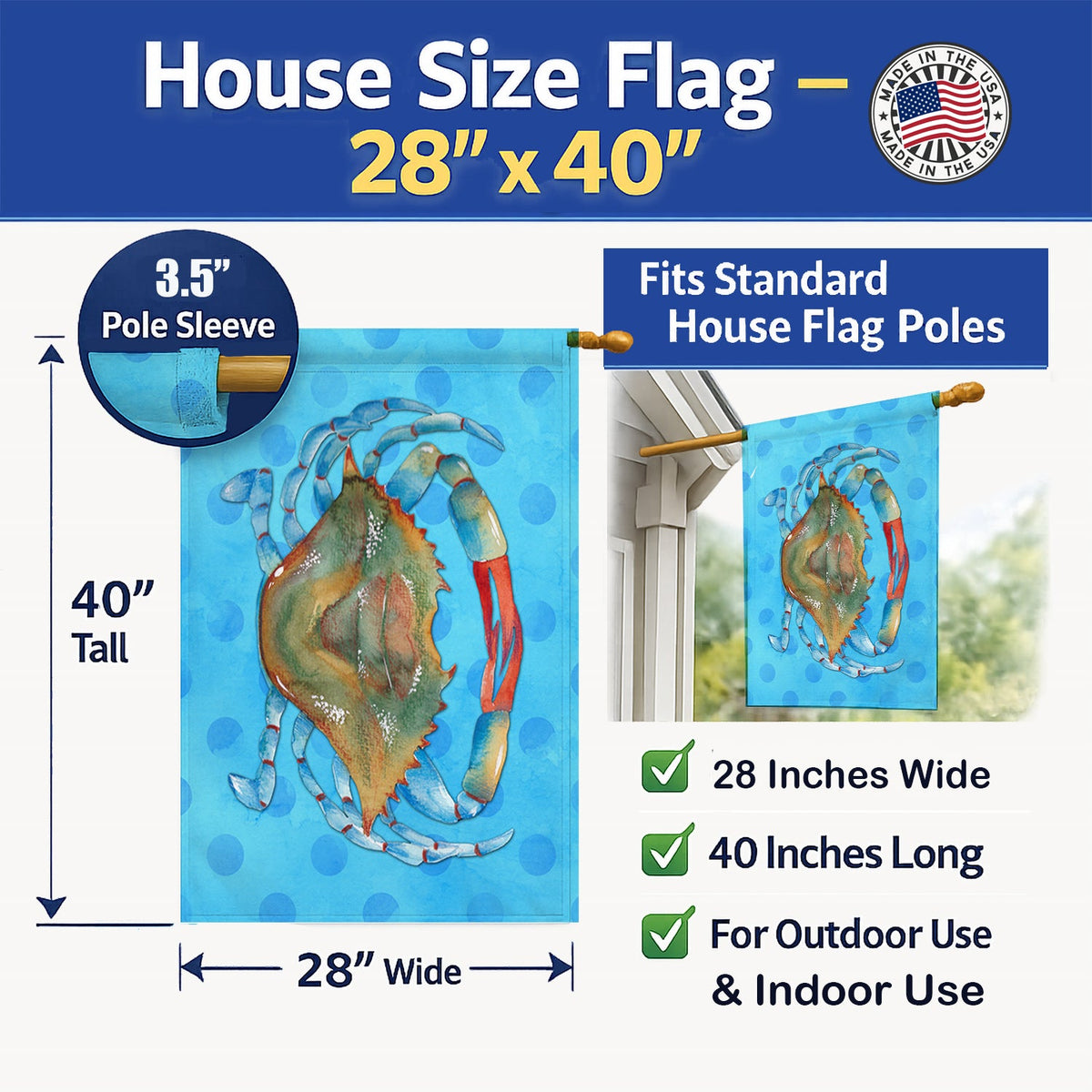 Blue Crab Blue Polkadot House Flag 28x40 Porch Sleeve Pole Decorative Outside Yard Banner Artwork Wall Hanging, Polyester