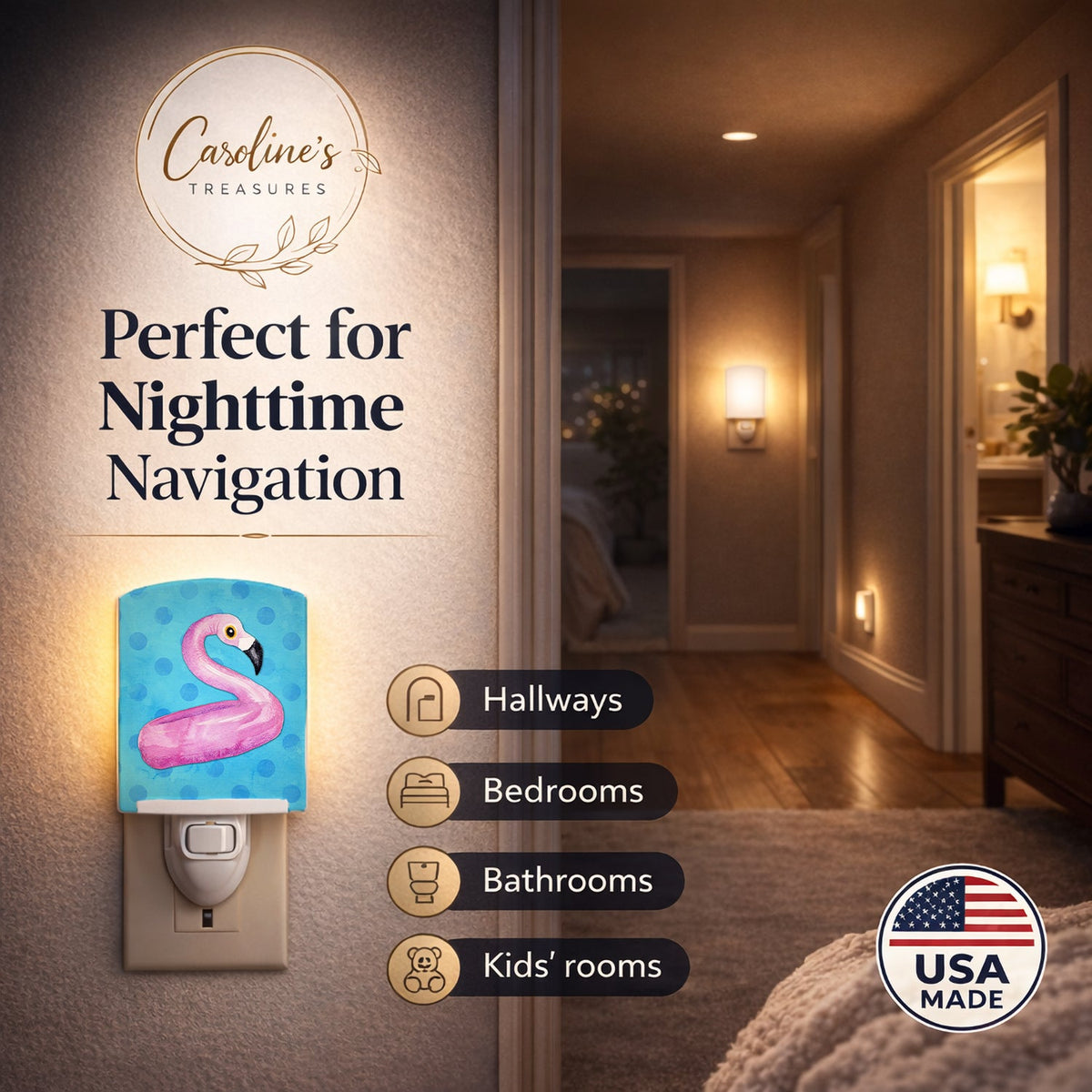 Flamingo Floaty Blue Polkadot Ceramic Night Light Compact, UL-Certified, Ideal for Bedroom, Bathroom, Nursery, Hallway, Kitchen, 6x4x3, Multicolor