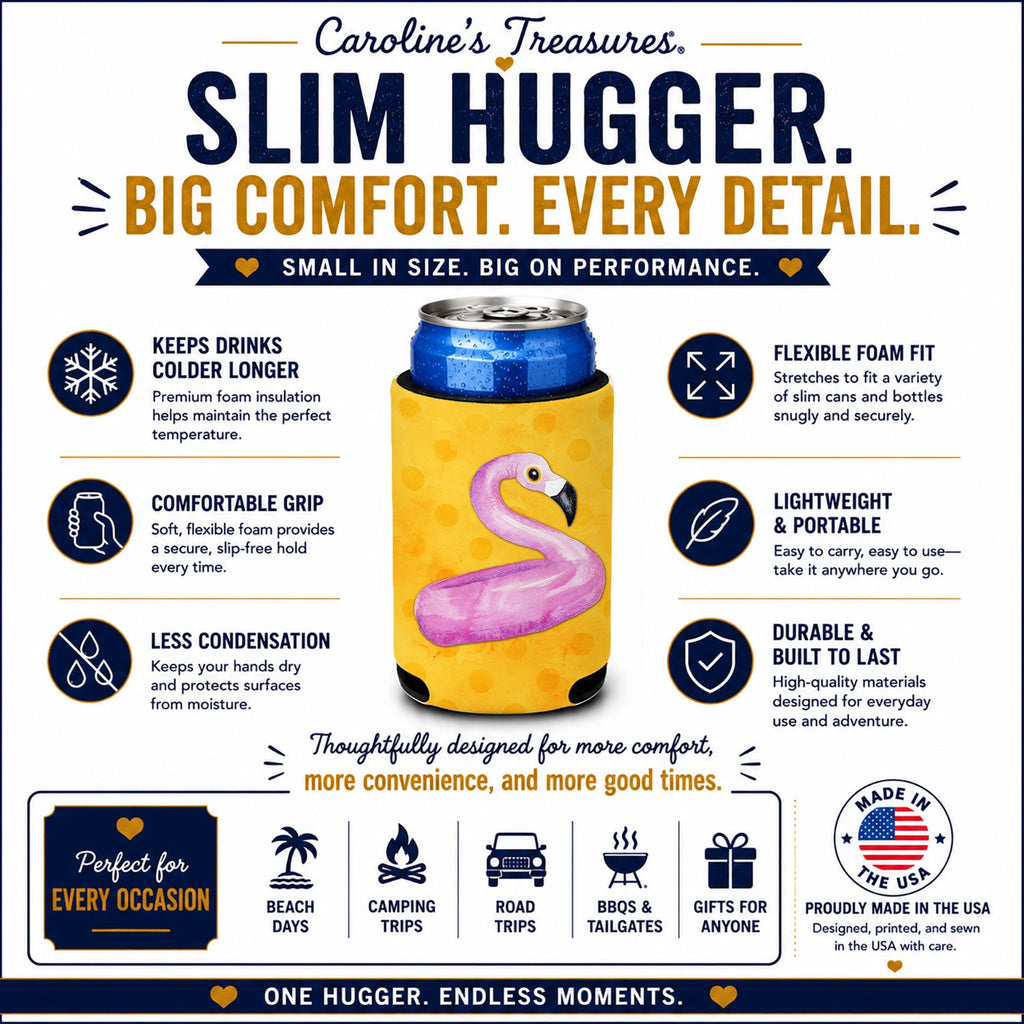 Flamingo Floaty Yellow Polkadot Slim Can Hugger  Insulated Foam Sleeve for 12 oz Slim Cans, Beer Bottles & Water Bottles, Made in USA