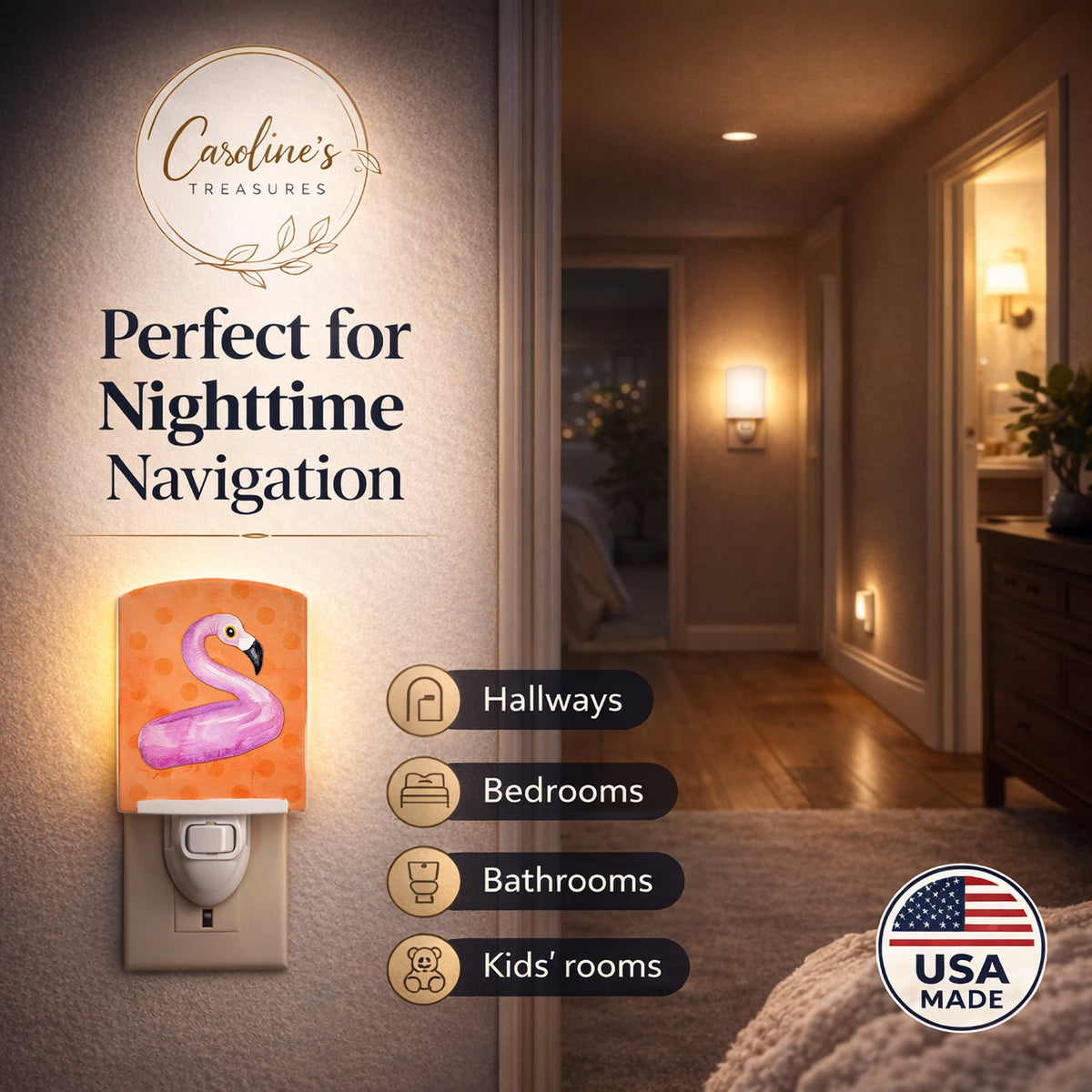 Flamingo Floaty Orange Polkadot Ceramic Night Light Compact, UL-Certified, Ideal for Bedroom, Bathroom, Nursery, Hallway, Kitchen, 6x4x3, Multicolor