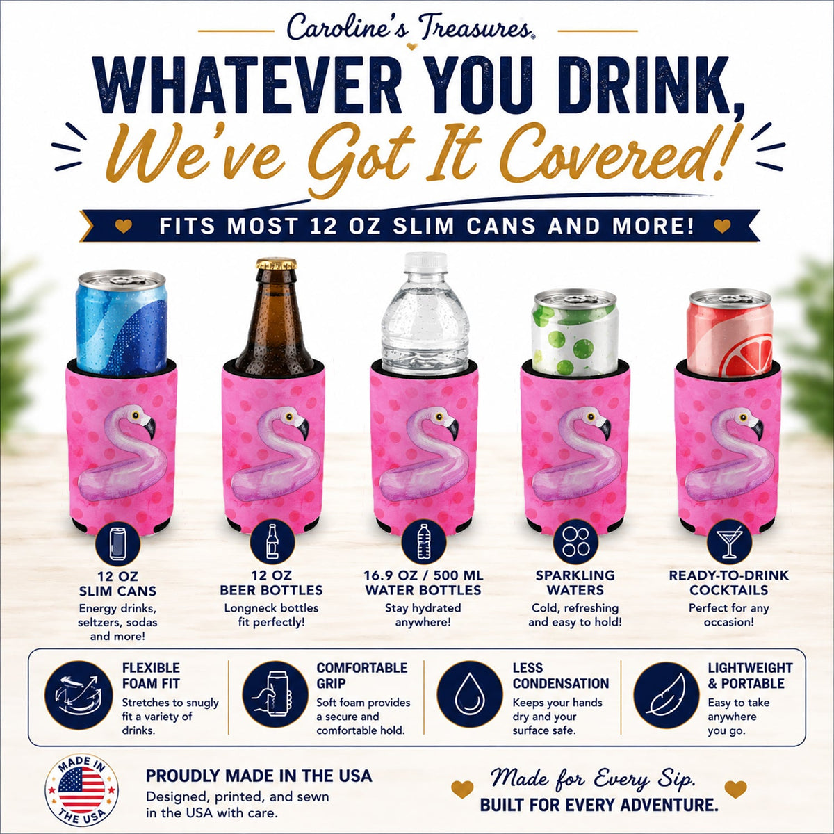 Flamingo Floaty Pink Polkadot Slim Can Hugger  Insulated Foam Sleeve for 12 oz Slim Cans, Beer Bottles & Water Bottles, Made in USA