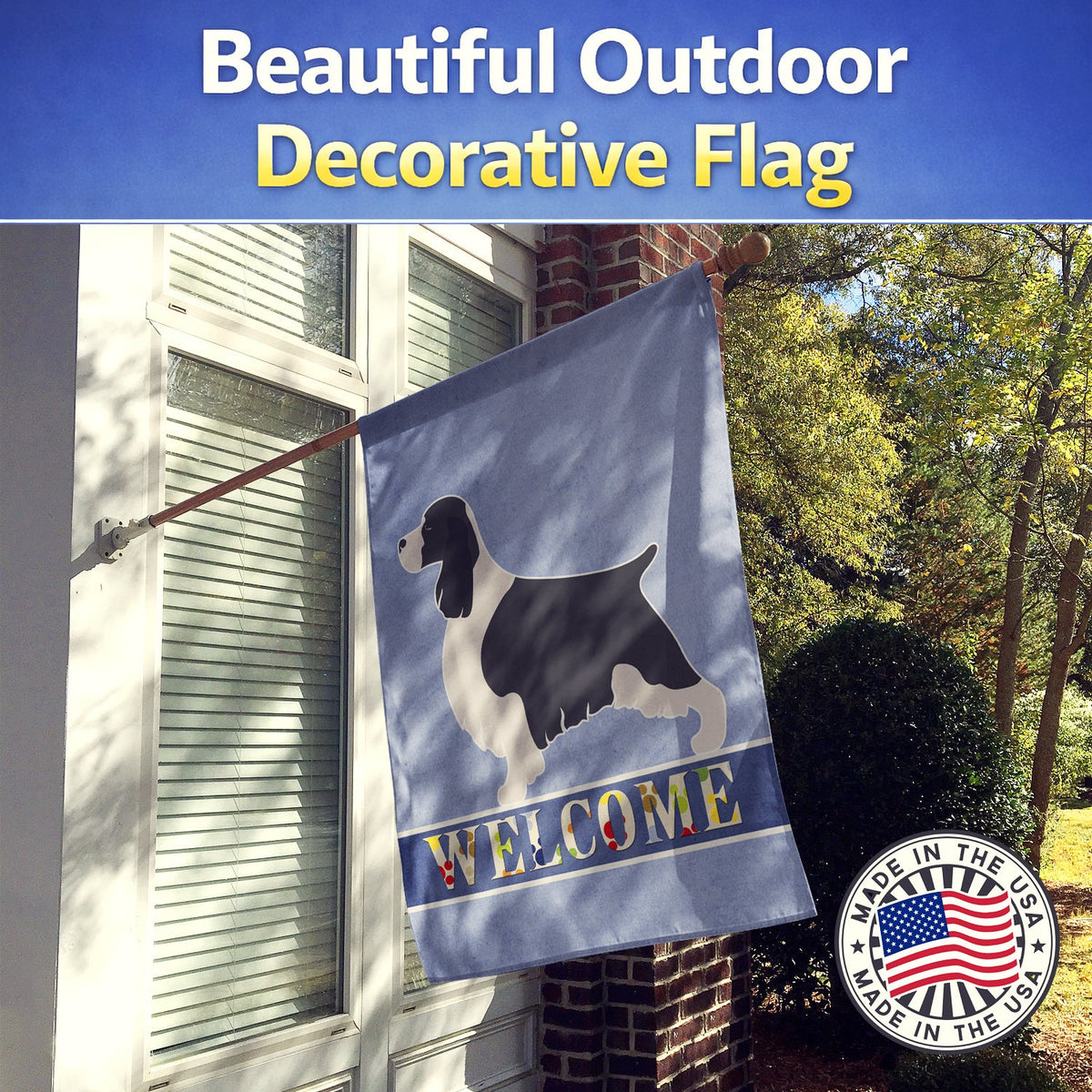 English Springer Spaniel Welcome House Flag 28x40 Porch Sleeve Pole Decorative Outside Yard Banner Artwork Wall Hanging, Polyester