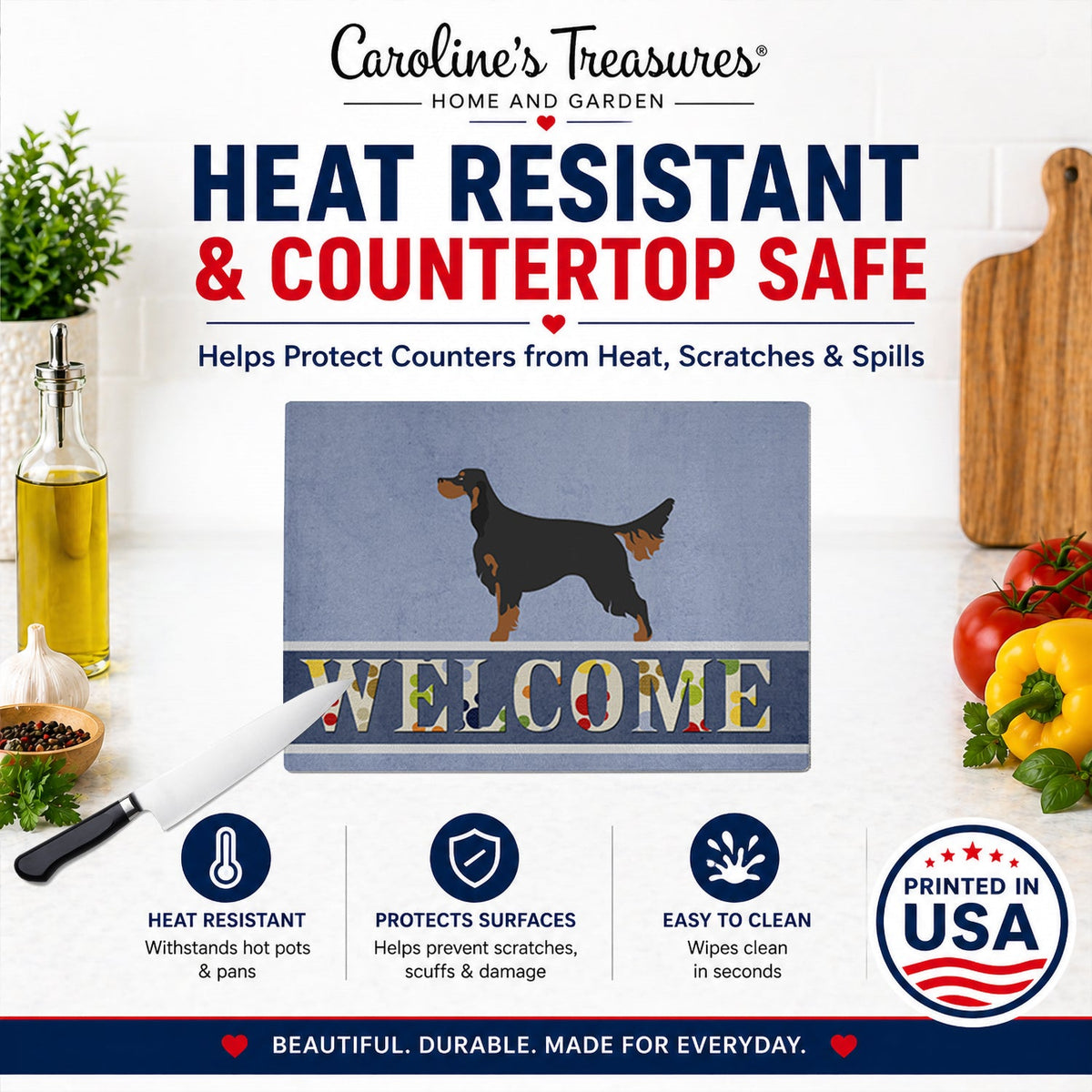 Gordon Setter Welcome Cutting Board Tempered Glass Kitchen Cutting Surface, Heat Resistant Chopping, Non-Slip Feet, Food Prep & Serving