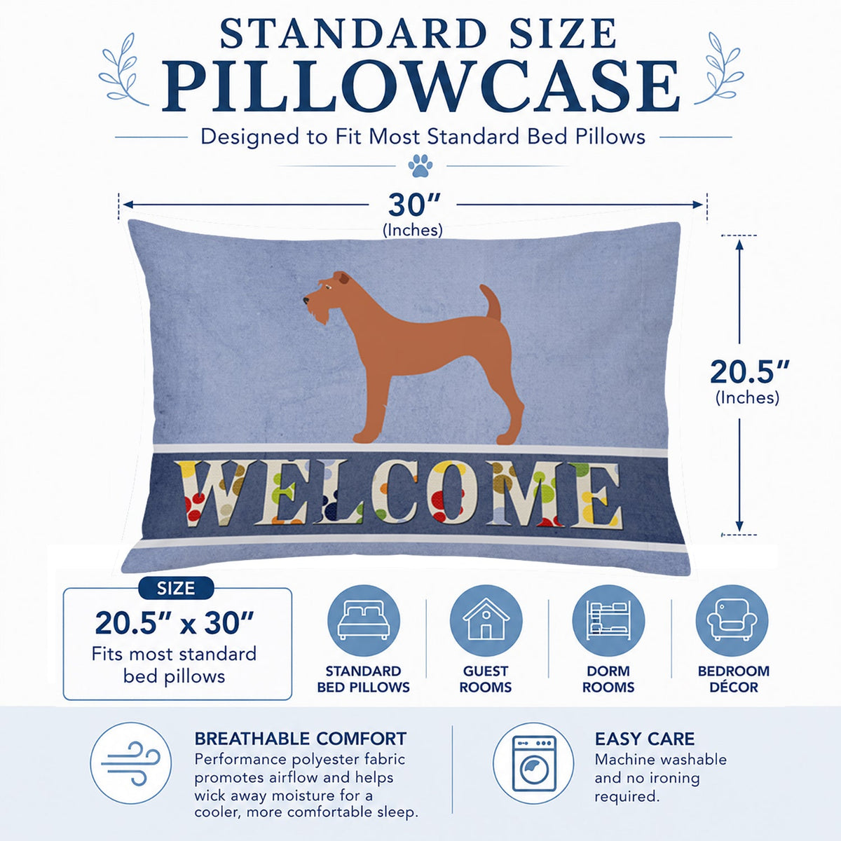Irish Terrier Welcome Standard Pillowcase Lightweight Super Soft Easy Care Decorative Artwork Pillowcase, Standard