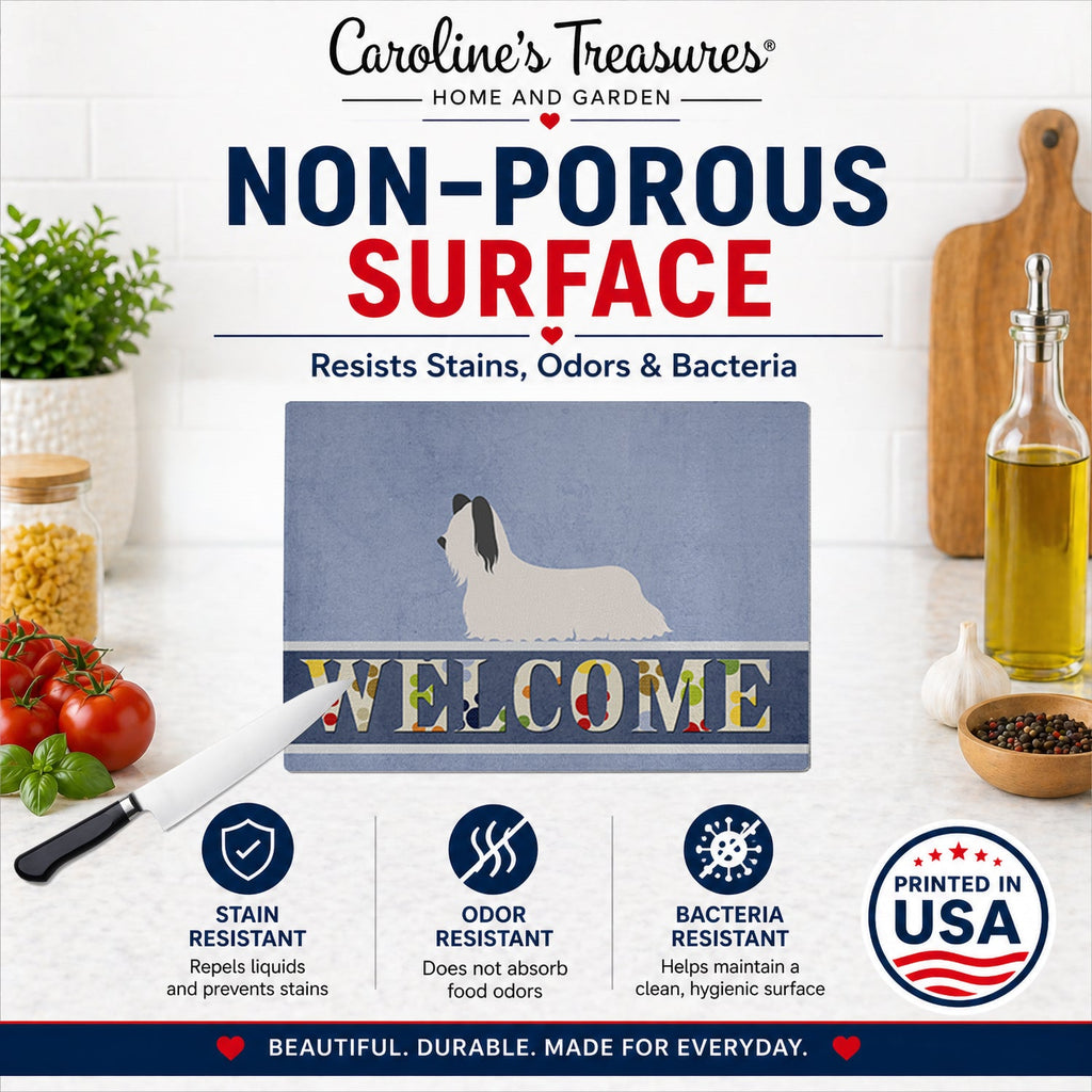 Skye Terrier Welcome Cutting Board Tempered Glass Kitchen Cutting Surface, Heat Resistant Chopping, Non-Slip Feet, Food Prep & Serving