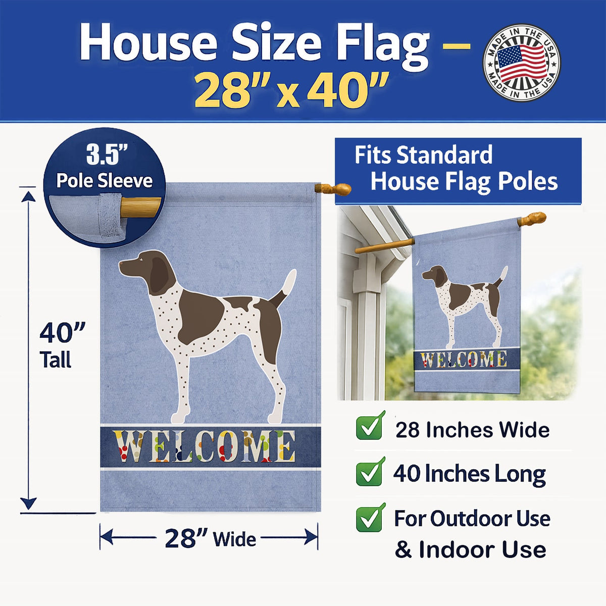 German Shorthaired Pointer Welcome House Flag 28x40 Porch Sleeve Pole Decorative Outside Yard Banner Artwork Wall Hanging, Polyester