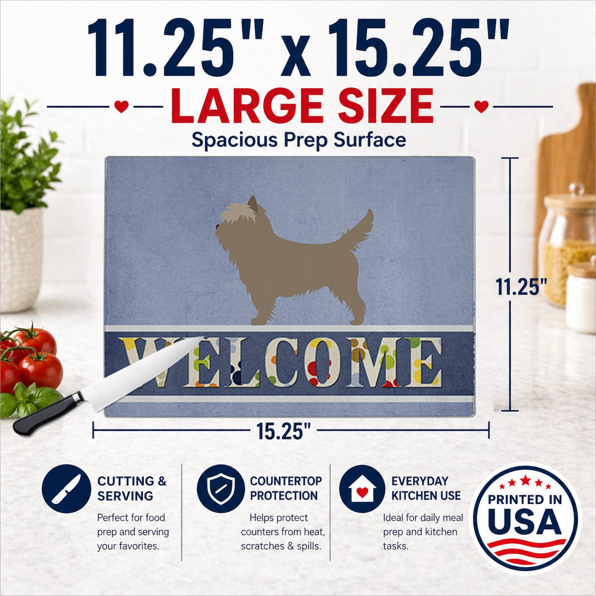 Cairn Terrier Welcome Cutting Board Tempered Glass Kitchen Cutting Surface, Heat Resistant Chopping, Non-Slip Feet, Food Prep & Serving