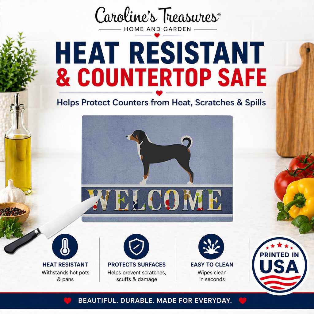 Appenzeller Sennenhund Welcome Cutting Board Tempered Glass Kitchen Cutting Surface, Heat Resistant Chopping, Non-Slip Feet, Food Prep & Serving