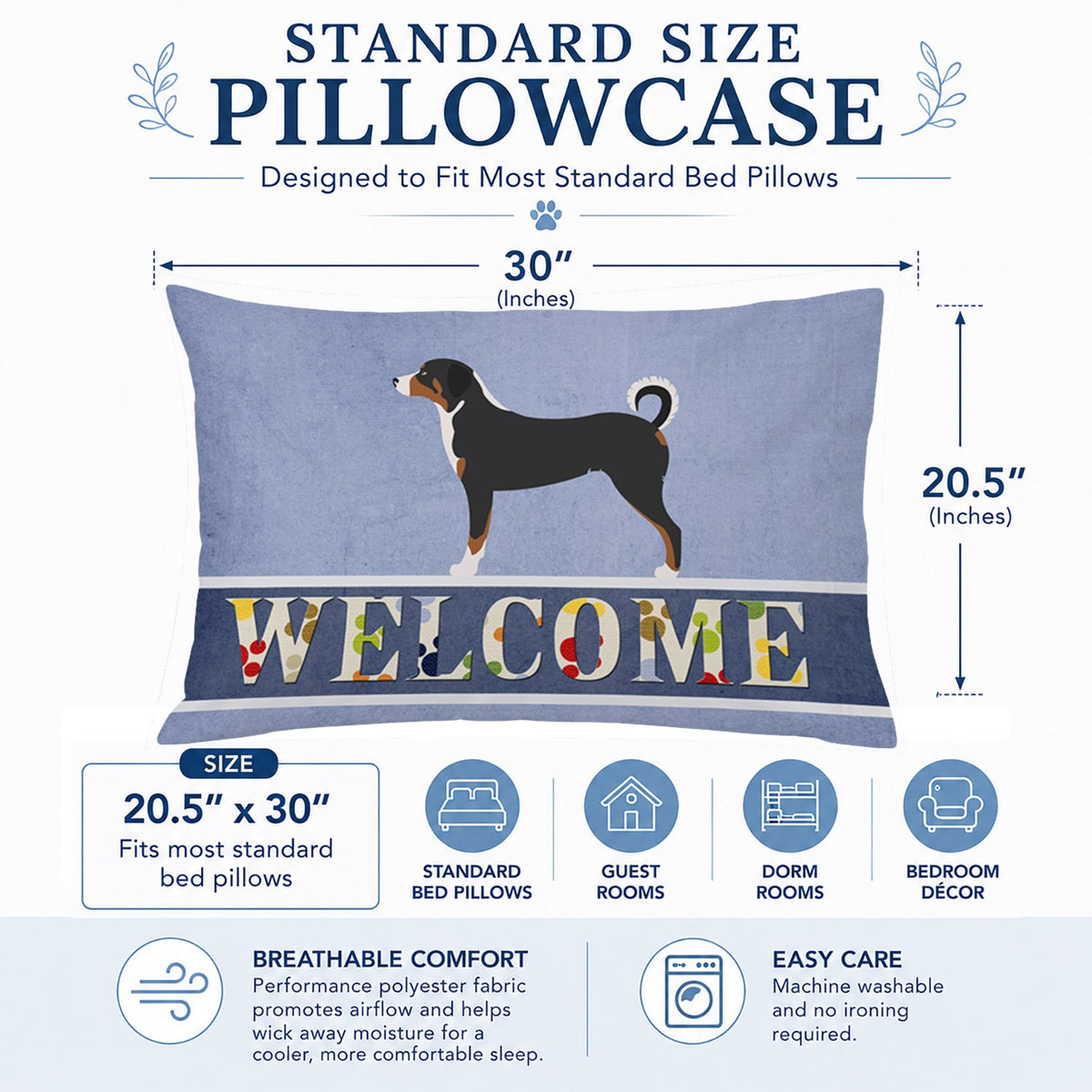 Appenzeller Sennenhund Welcome Standard Pillowcase Lightweight Super Soft Easy Care Decorative Artwork Pillowcase, Standard