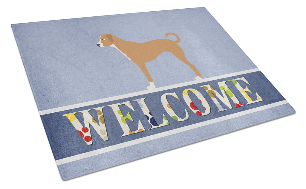 Australian Pinscher Welcome Cutting Board Tempered Glass Kitchen Cutting Surface, Heat Resistant Chopping, Non-Slip Feet, Food Prep & Serving