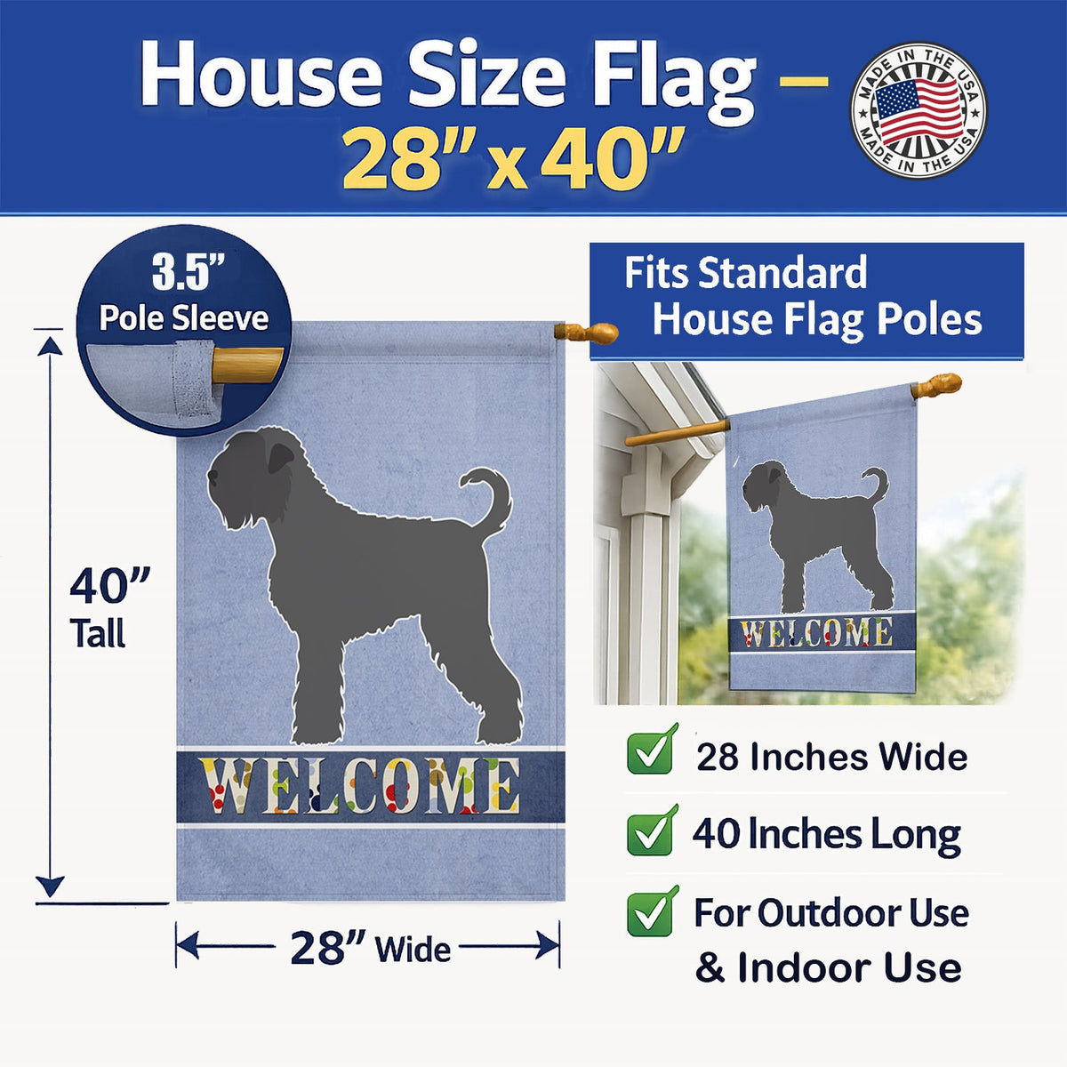 Black Russian Terrier Welcome House Flag 28x40 Porch Sleeve Pole Decorative Outside Yard Banner Artwork Wall Hanging, Polyester
