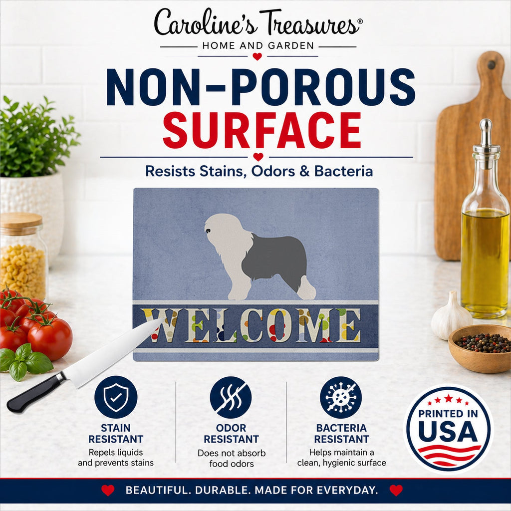 Old English Sheepdog Bobtail Cutting Board Tempered Glass Kitchen Cutting Surface, Heat Resistant Chopping, Non-Slip Feet, Food Prep & Serving