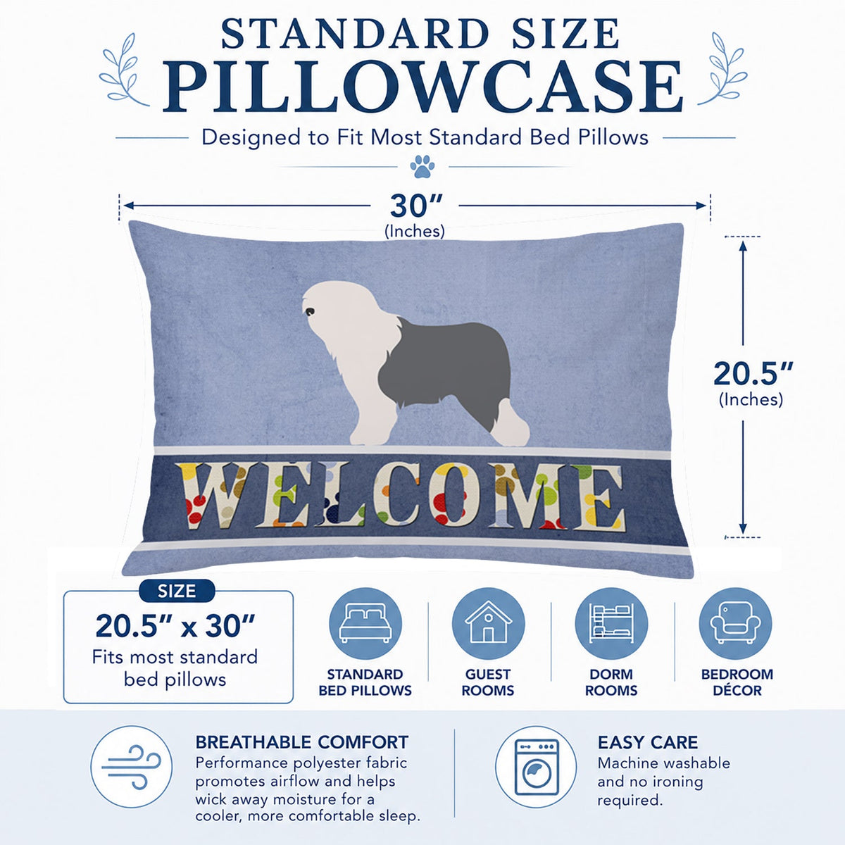 Old English Sheepdog Bobtail Standard Pillowcase Lightweight Super Soft Easy Care Decorative Artwork Pillowcase, Standard