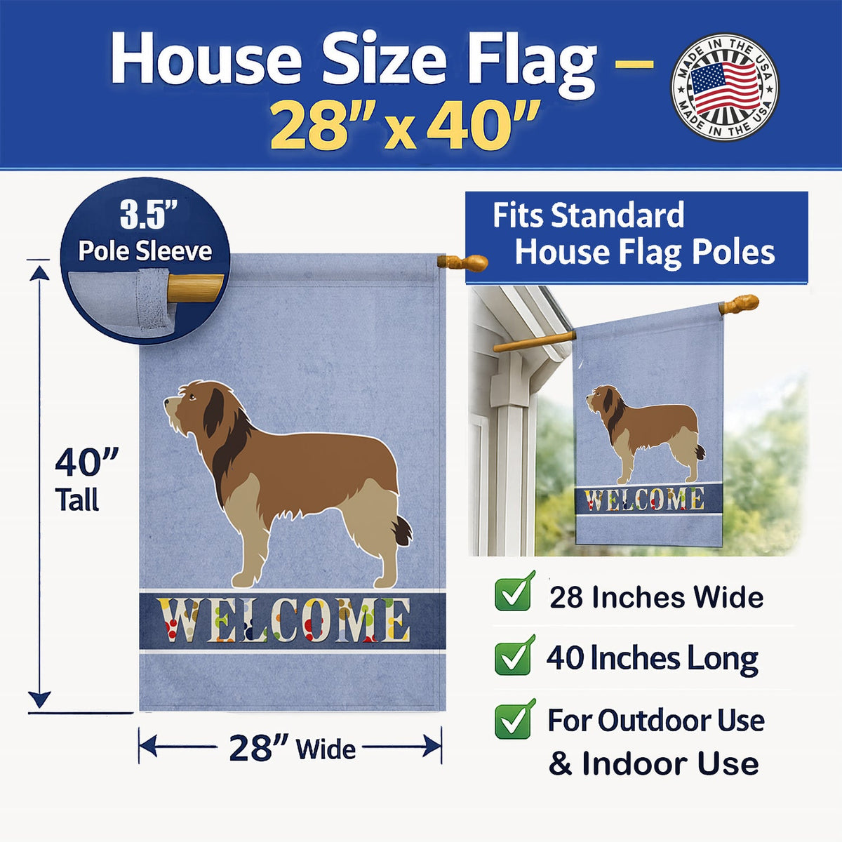 Catalan Sheepdog Welcome House Flag 28x40 Porch Sleeve Pole Decorative Outside Yard Banner Artwork Wall Hanging, Polyester