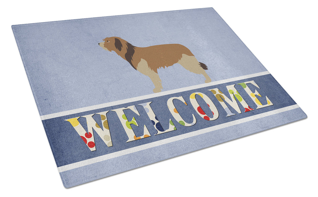 Catalan Sheepdog Welcome Cutting Board Tempered Glass Kitchen Cutting Surface, Heat Resistant Chopping, Non-Slip Feet, Food Prep & Serving