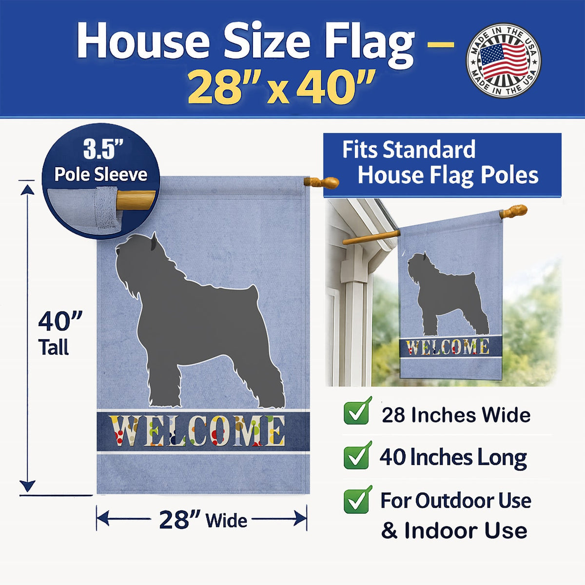 Bouvier des Flandres Welcome House Flag 28x40 Porch Sleeve Pole Decorative Outside Yard Banner Artwork Wall Hanging, Polyester