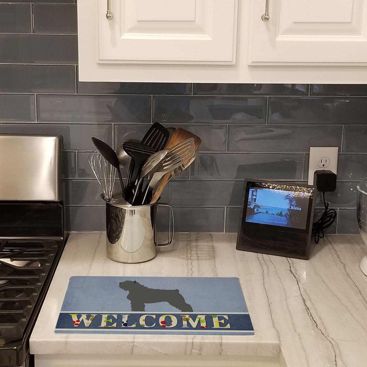 Bouvier des Flandres Welcome Cutting Board Tempered Glass Kitchen Cutting Surface, Heat Resistant Chopping, Non-Slip Feet, Food Prep & Serving