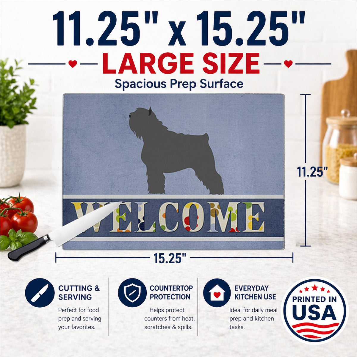 Bouvier des Flandres Welcome Cutting Board Tempered Glass Kitchen Cutting Surface, Heat Resistant Chopping, Non-Slip Feet, Food Prep & Serving