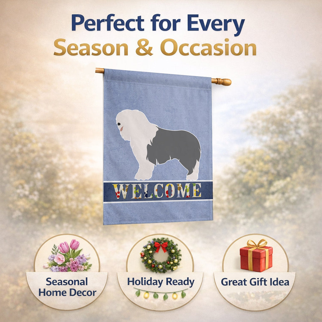 Old English Sheepdog Welcome House Flag 28x40 Porch Sleeve Pole Decorative Outside Yard Banner Artwork Wall Hanging, Polyester