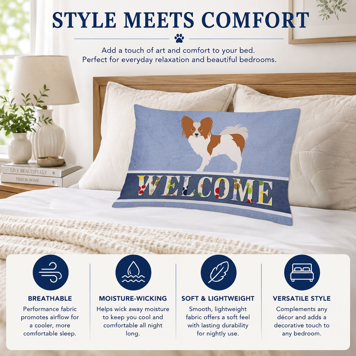 Papillon Welcome Standard Pillowcase Lightweight Super Soft Easy Care Decorative Artwork Pillowcase, Standard