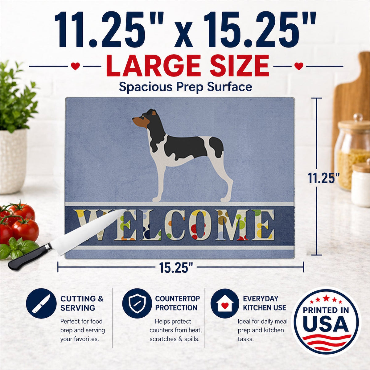 Brazilian Terrier Welcome Cutting Board Tempered Glass Kitchen Cutting Surface, Heat Resistant Chopping, Non-Slip Feet, Food Prep & Serving