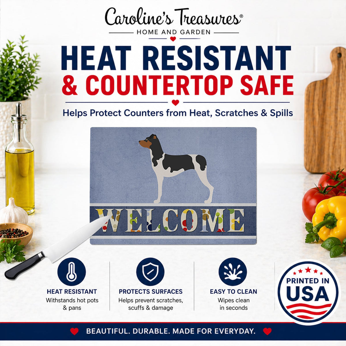 Brazilian Terrier Welcome Cutting Board Tempered Glass Kitchen Cutting Surface, Heat Resistant Chopping, Non-Slip Feet, Food Prep & Serving