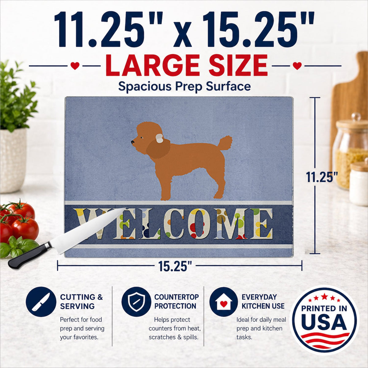 Toy Poodle Welcome Cutting Board Tempered Glass Kitchen Cutting Surface, Heat Resistant Chopping, Non-Slip Feet, Food Prep & Serving