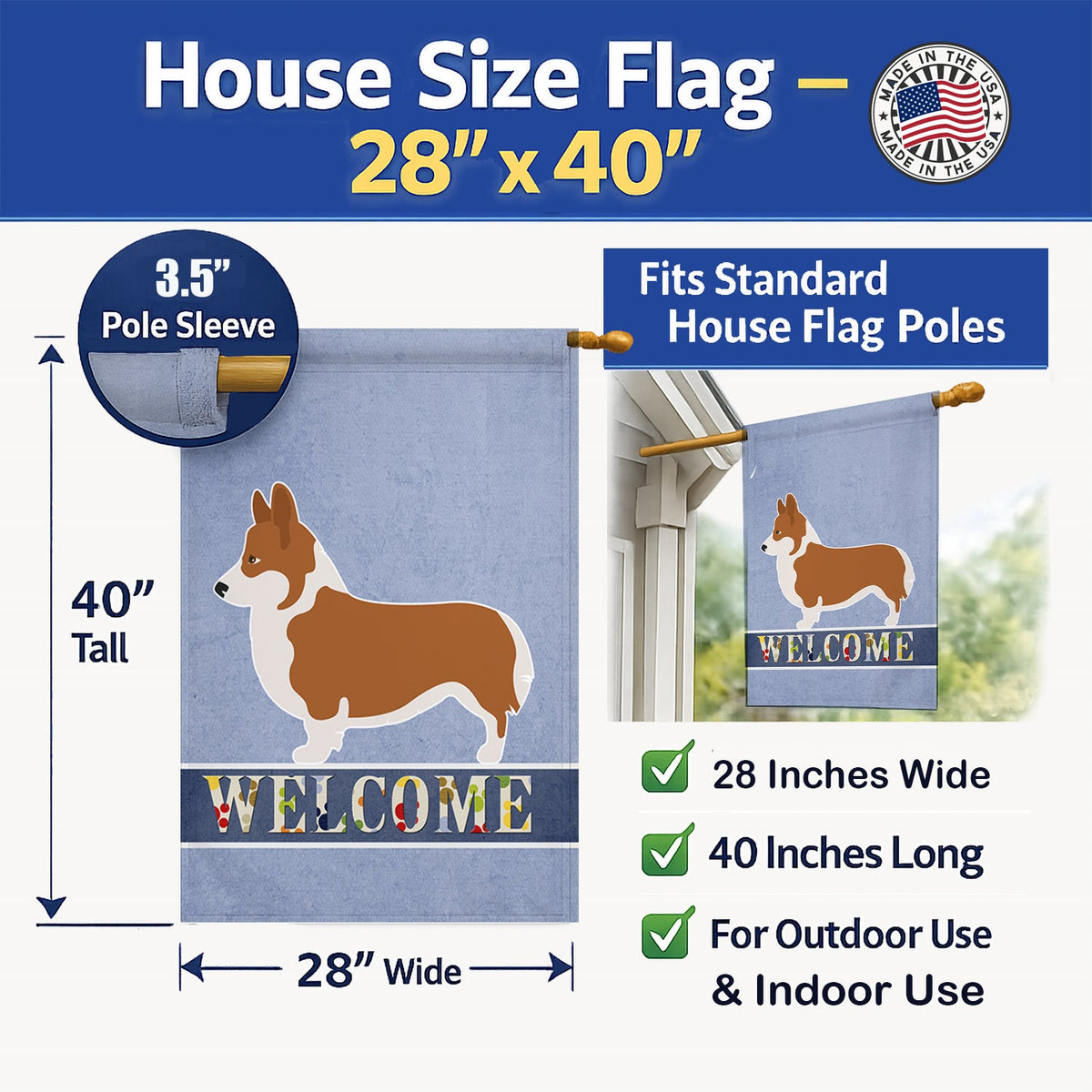 Pembroke Welsh Corgi Welcome House Flag 28x40 Porch Sleeve Pole Decorative Outside Yard Banner Artwork Wall Hanging, Polyester