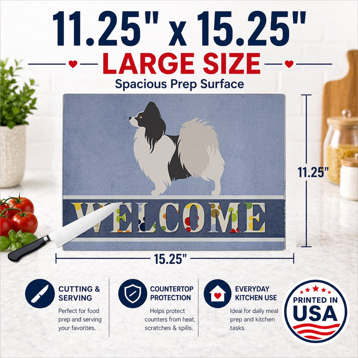 Papillon Welcome Cutting Board Tempered Glass Kitchen Cutting Surface, Heat Resistant Chopping, Non-Slip Feet, Food Prep & Serving
