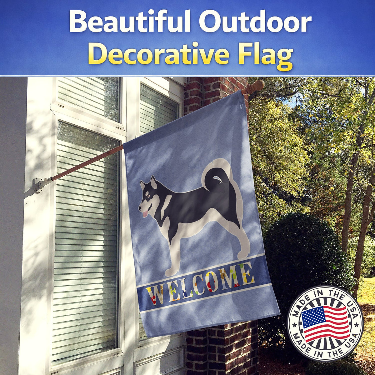 Alaskan Malamute Welcome House Flag 28x40 Porch Sleeve Pole Decorative Outside Yard Banner Artwork Wall Hanging, Polyester