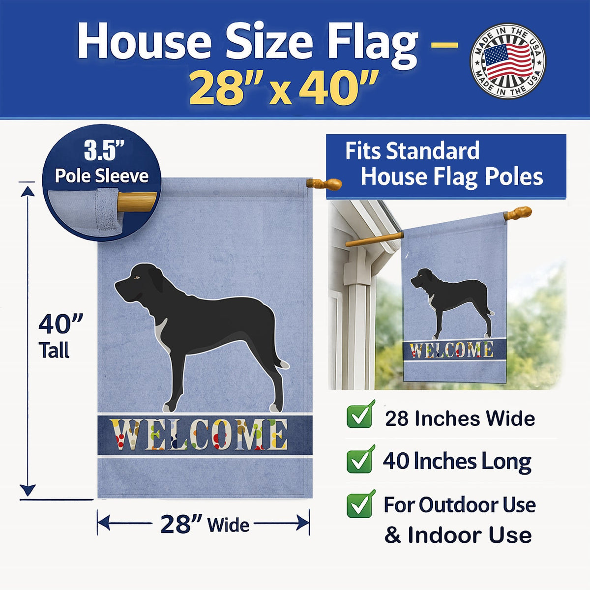 Broholmer Danish Mastiff House Flag 28x40 Porch Sleeve Pole Decorative Outside Yard Banner Artwork Wall Hanging, Polyester