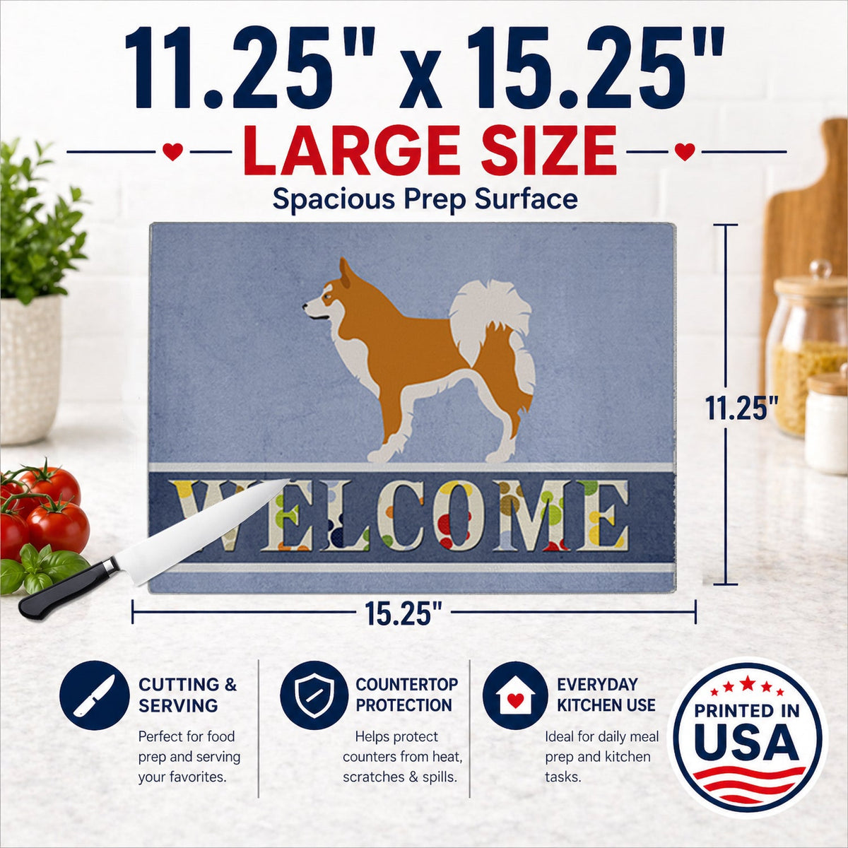 Icelandic Sheepdog Cutting Board Tempered Glass Kitchen Cutting Surface, Heat Resistant Chopping, Non-Slip Feet, Food Prep & Serving