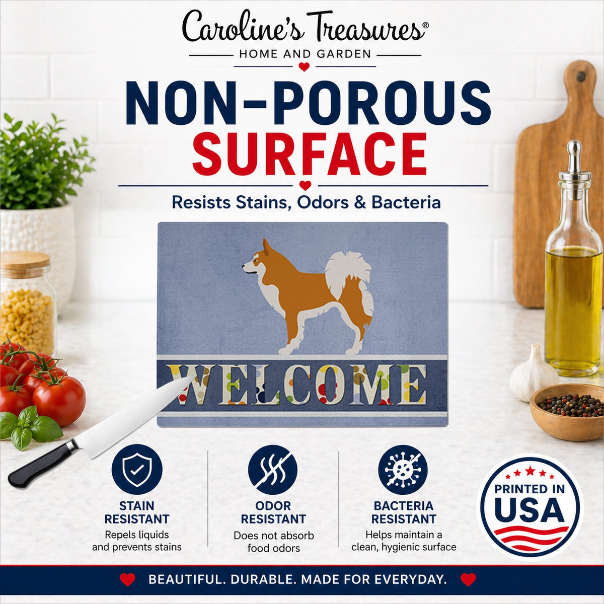 Icelandic Sheepdog Cutting Board Tempered Glass Kitchen Cutting Surface, Heat Resistant Chopping, Non-Slip Feet, Food Prep & Serving