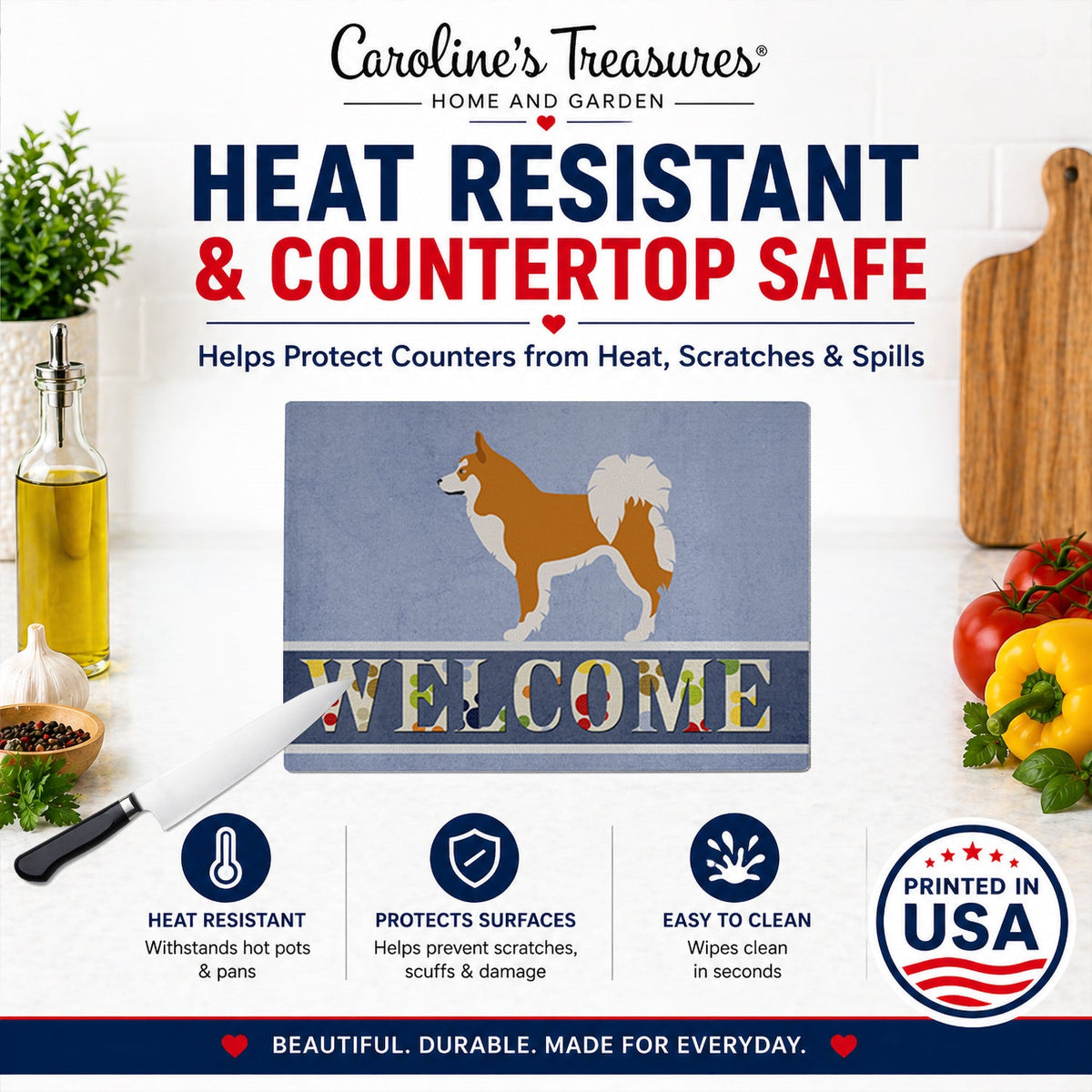 Icelandic Sheepdog Cutting Board Tempered Glass Kitchen Cutting Surface, Heat Resistant Chopping, Non-Slip Feet, Food Prep & Serving