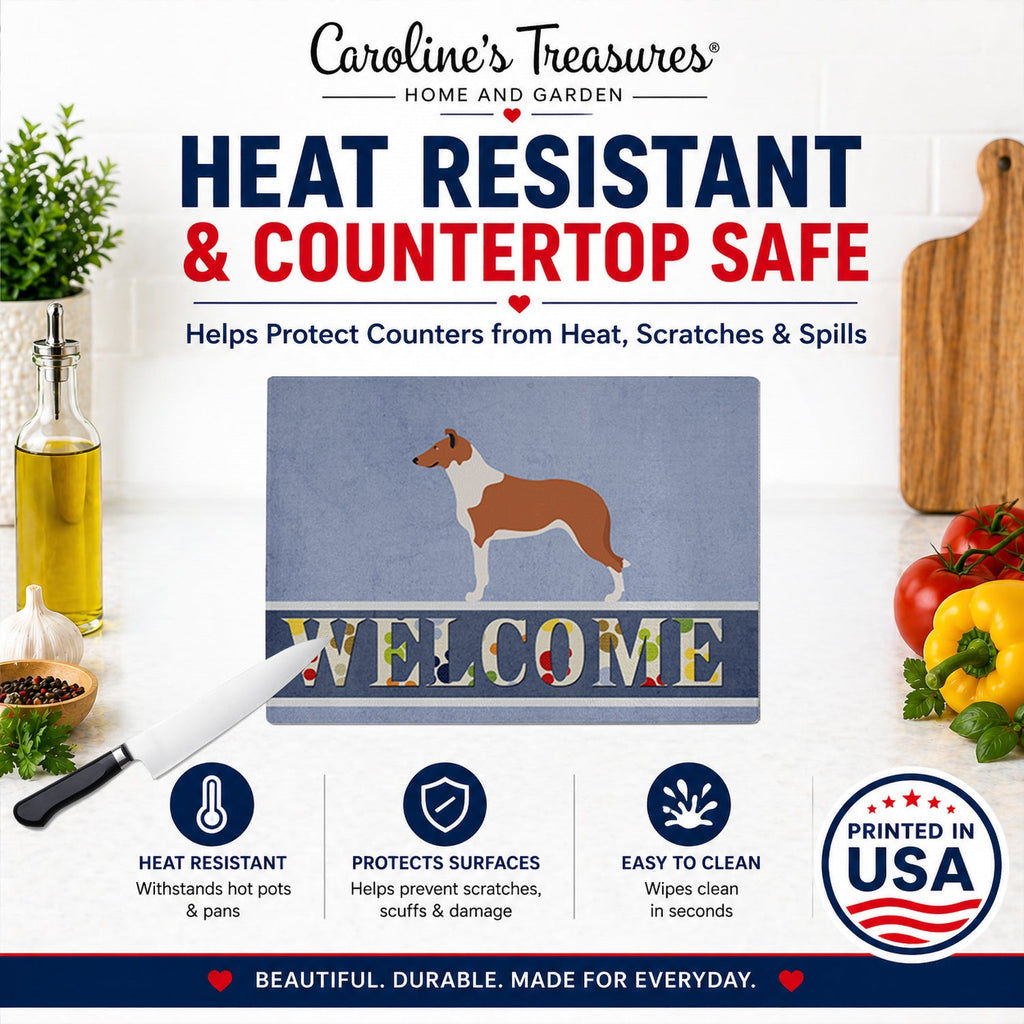Smooth Collie Welcome Cutting Board Tempered Glass Kitchen Cutting Surface, Heat Resistant Chopping, Non-Slip Feet, Food Prep & Serving