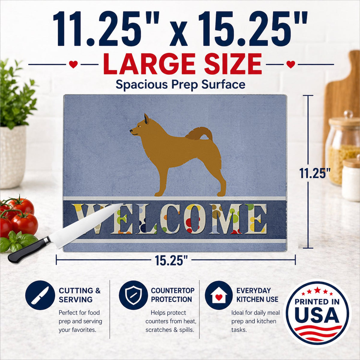 Finnish Spitz Welcome Cutting Board Tempered Glass Kitchen Cutting Surface, Heat Resistant Chopping, Non-Slip Feet, Food Prep & Serving