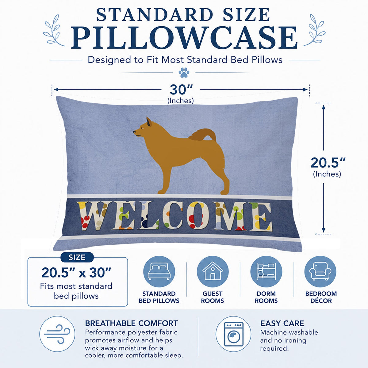 Finnish Spitz Welcome Standard Pillowcase Lightweight Super Soft Easy Care Decorative Artwork Pillowcase, Standard