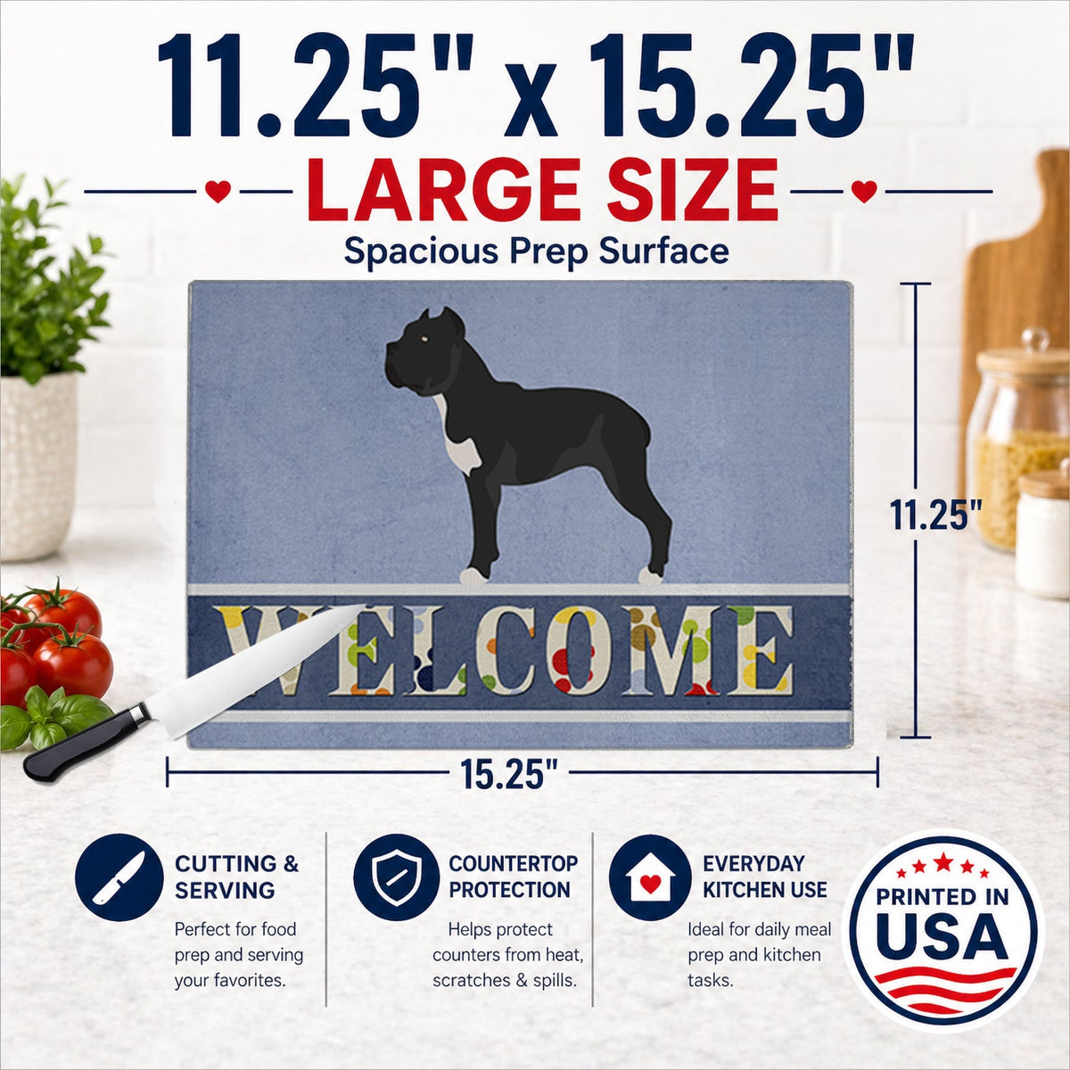 Cane Corso Welcome Cutting Board Tempered Glass Kitchen Cutting Surface, Heat Resistant Chopping, Non-Slip Feet, Food Prep & Serving