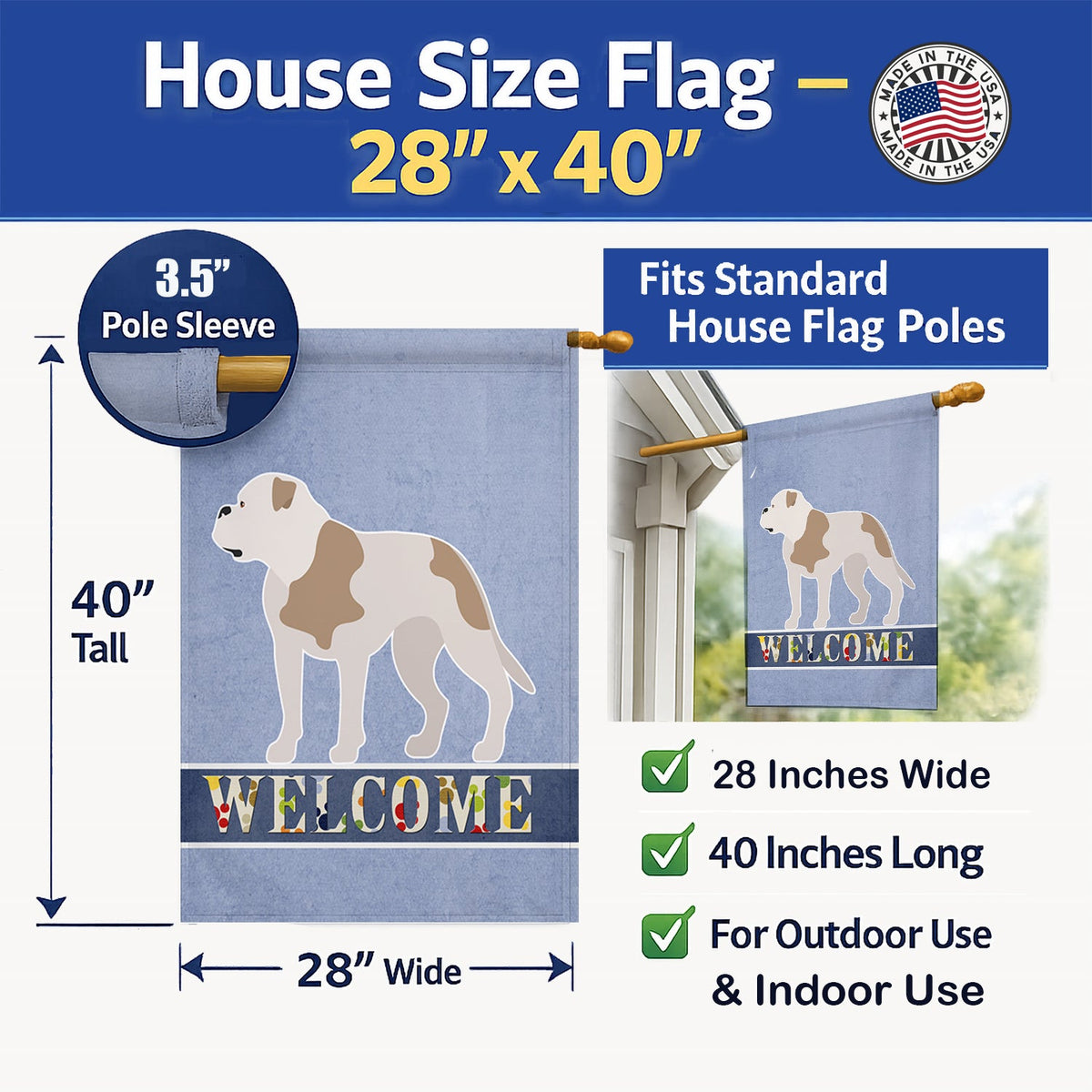 American Bulldog Welcome House Flag 28x40 Porch Sleeve Pole Decorative Outside Yard Banner Artwork Wall Hanging, Polyester