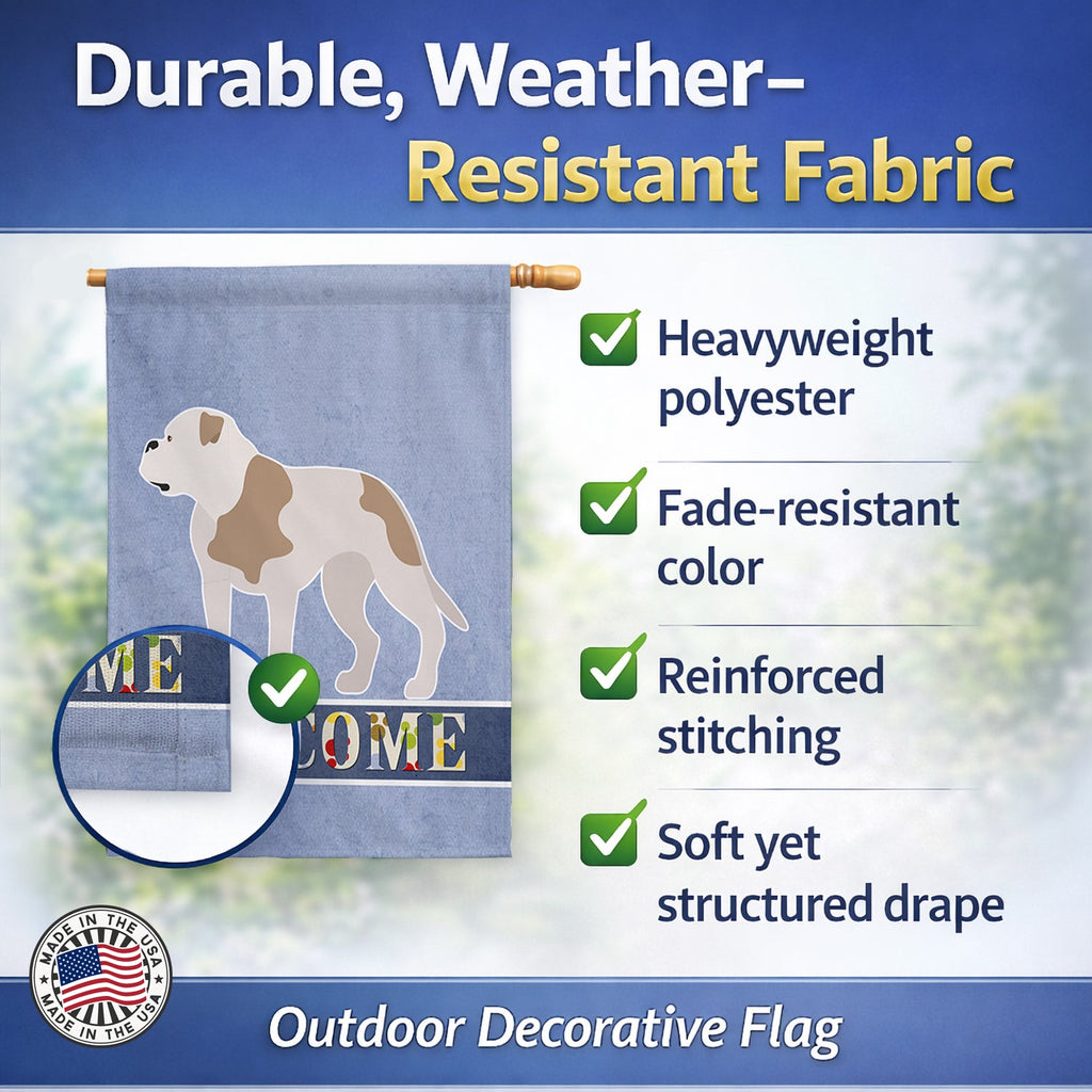 American Bulldog Welcome House Flag 28x40 Porch Sleeve Pole Decorative Outside Yard Banner Artwork Wall Hanging, Polyester